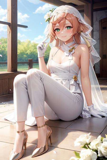 masterpiece, best quality, <lora:yanfei:1>,1girl, gloves, solo, yanfei (genshin impact), white gloves, green eyes, pink hair, long hair, flower, hair ornament, sitting, looking at viewer, dress, pants, petals, hair between eyes, white pants, hair flower, sleeveless, high heels, smile, alternate costume, white dress, bangs, white flower, bare shoulders, white footwear, breasts, rose, hand up, wedding dress, falling petals, blurry, bow, white rose, shoes, closed mouth, small breasts, sleeveless dress, knees up, veil, blurry background, antlers, full body, white bow, shirt, horns, indoors