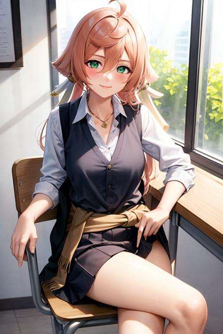 masterpiece, best quality, <lora:yanfei:1>,1girl, yanfei (genshin impact), solo, skirt, long hair, shirt, desk, indoors, white shirt, breasts, looking at viewer, hair between eyes, pink hair, black skirt, green eyes, smile, sitting, pleated skirt, school uniform, black vest, on desk, bangs, classroom, sitting on desk, school desk, alternate costume, ahoge, clothes around waist, window, cleavage, collared shirt, blush, necklace, medium breasts, vest, curtains, chalkboard, long sleeves, collarbone, jewelry, closed mouth, sweater, crossed legs, antlers, school chair, feet out of frame, cardigan around waist, horns, thighs, chair, miniskirt, day, contemporary, sleeves rolled up, cardigan, very long hair, dress shirt, sunlight, sweater around waist, small breasts