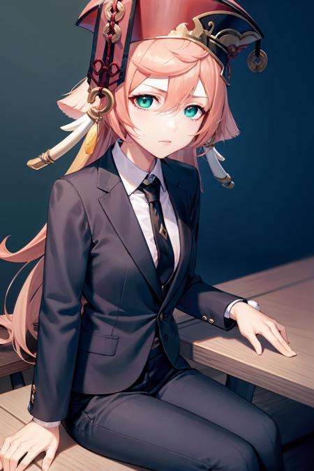 masterpiece, best quality, <lora:yanfei:1>,1girl, yanfei \(genshin impact\), hat,horns,pink hair,long hair,green eyes, suit,formal, black necktie,black suit,black pants,sitting, long table,blue background