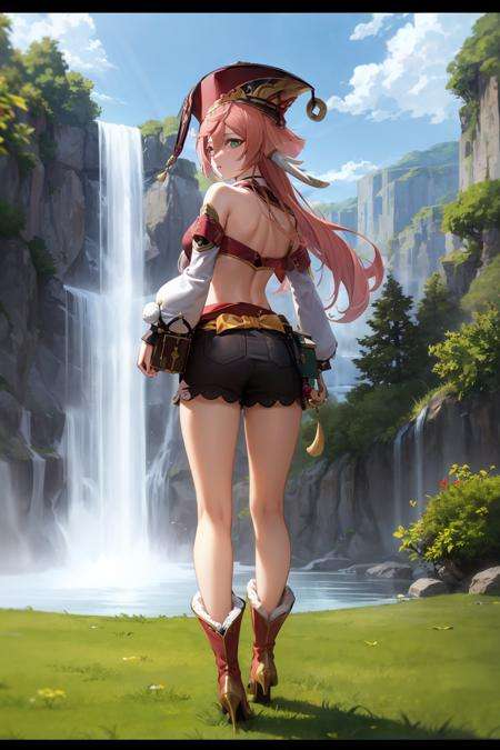 masterpiece, best quality, <lora:yanfei:1>,1girl, yanfei (genshin impact), solo, pink hair, letterboxed, long hair, scenery, detached sleeves, red headwear, hat, from behind, waterfall, water, standing, boots, bare shoulders, outdoors, green eyes, grass, long sleeves, shorts, book, antlers, horns, looking at viewer, crop top, midriff, black shorts, hair between eyes, vision (genshin impact), full body, cliff, artist name, wide shot, lake, sunlight, high heels