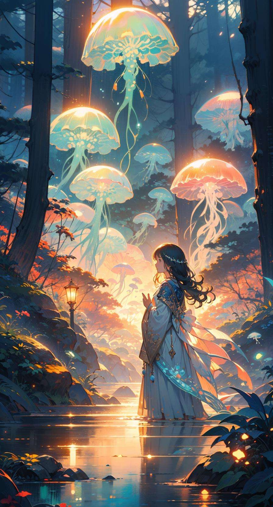 green jellyfish,(jellyfishforest:1.4), 1girl, mushroom, dress, long hair, scenery, white dress, solo, nature, water, wading, outdoors, tree, standing, black hair, fantasy, forest <lora:jellyfish-noise:1>