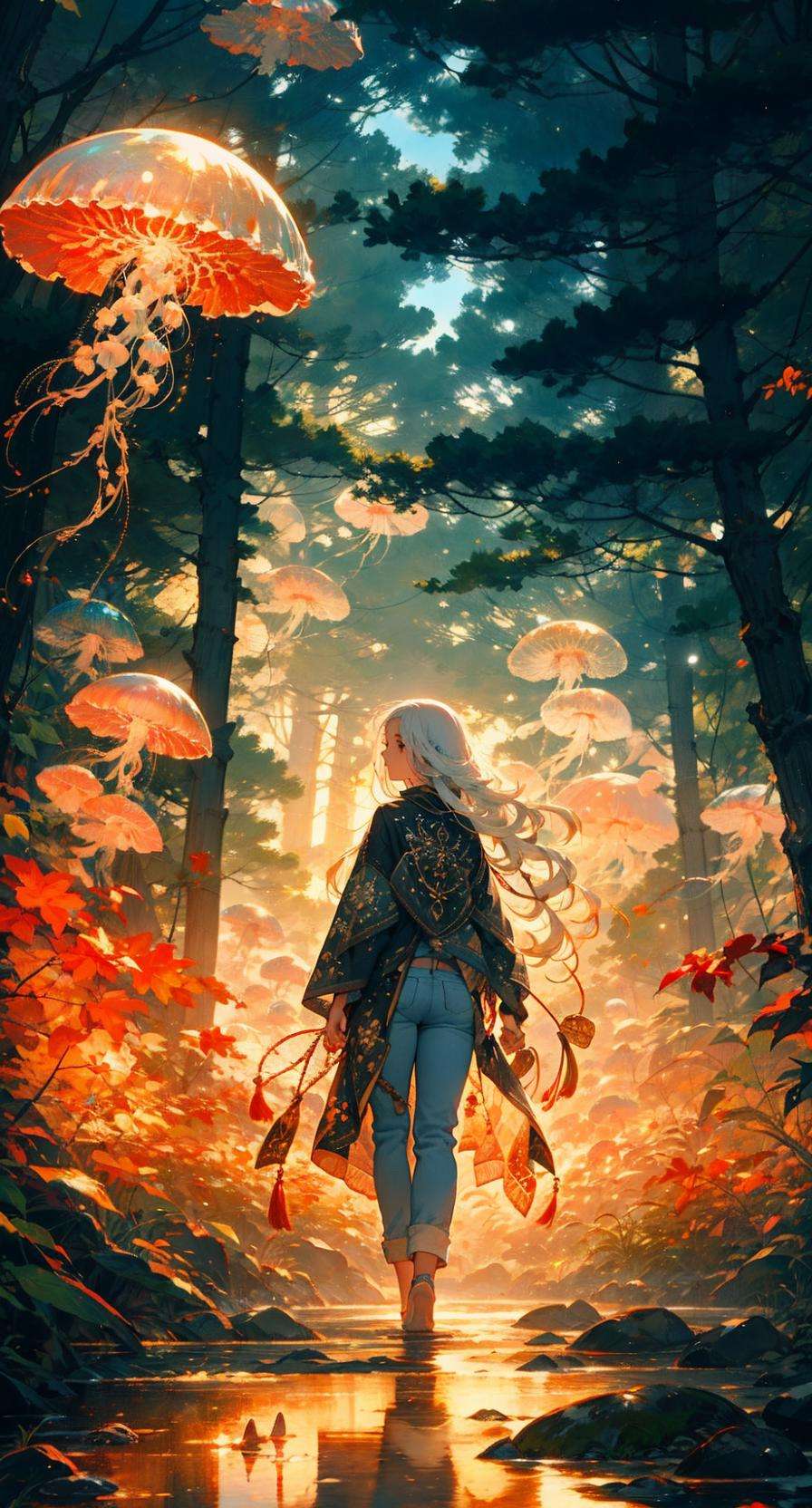 red jellyfish,jellyfishforest, 1girl, long hair, dress, solo, white hair, mushroom, nature, jeans, outdoors, tree, walking, forest, water<lora:jellyfish-noise:1>