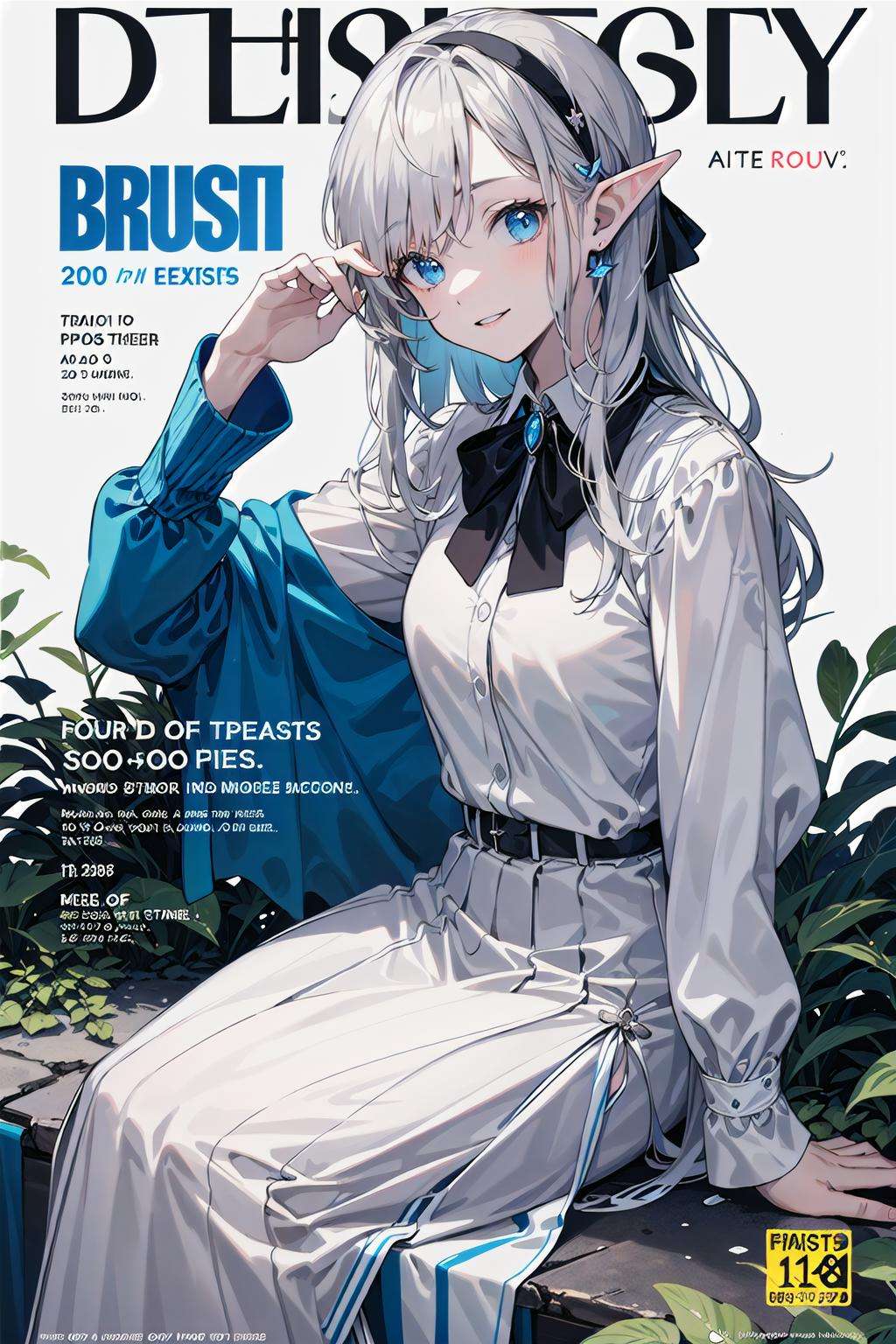 ((masterpiece)), expressionless, (((best quality))), ((illustration)),1girl, elf, ((solo)), (detailed face), (beautiful detailed eyes), light eyes, blue eyes, ((disheveled hair)), silver hair, full body,smile, blank stare, sitting, ((looking to the side)),bow tie hair band, white transparent long skirt, noble, mysterious,bright background, in forest, nature, sunshines through the leaves, butterfly, river, close-up,(magazine:1.3), (cover-style:1.3), fashionable, woman, vibrant, outfit, posing, front, colorful, dynamic, background, elements, confident, expression, holding, statement, accessory, majestic, coiled, around, touch, scene, text, cover, bold, attention-grabbing, title, stylish, font, catchy, headline, larger, striking, modern, trendy, focus, fashion,