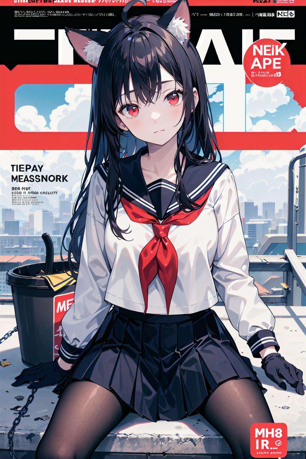 ((masterpiece, best quality)),a girl, solo, skirt, sky, sitting, pantyhose, serafuku, cloud,black gloves, outdoors, neckerchief ,day, bangs, fence, shirt, ahoge, rooftop, long hair, white pantyhose, black hair, school uniform, white sailor collar, red eyes, sailor collar, blue skirt, red neckerchief, blue serafuku, animal ears, blue sky, long sleeves, blue shirt, looking at viewer, closed mouth,cat ears, chain-link fence, pleated skirt, cloudy sky, trash can(magazine:1.3), (cover-style:1.3), fashionable, woman, vibrant, outfit, posing, front, colorful, dynamic, background, elements, confident, expression, holding, statement, accessory, majestic, coiled, around, touch, scene, text, cover, bold, attention-grabbing, title, stylish, font, catchy, headline, larger, striking, modern, trendy, focus, fashion,