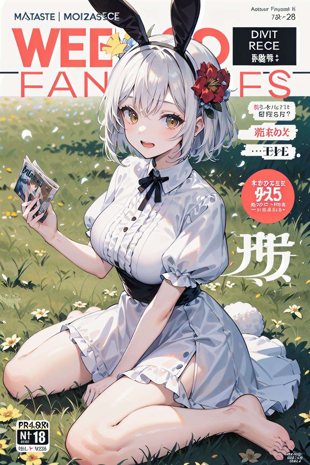 (masterpiece,best quality:1.5), 1girl, solo, solo focus, (animal ears, rabbit ears), barefoot, knees up, dress, sitting, short sleeves, looking at viewer, grass, short hair, smile, white hair, puffy sleeves, outdoors, puffy short sleeves, bangs, on ground, full body, animal, sunlight, brown eyes, dappled sunlight, day, depth of field, open mouth, (flower, hair flower), w, wariza, white dress,(magazine:1.3), (cover-style:1.3), fashionable, woman, vibrant, outfit, posing, front, colorful, dynamic, background, elements, confident, expression, holding, statement, accessory, majestic, coiled, around, touch, scene, text, cover, bold, attention-grabbing, title, stylish, font, catchy, headline, larger, striking, modern, trendy, focus, fashion,
