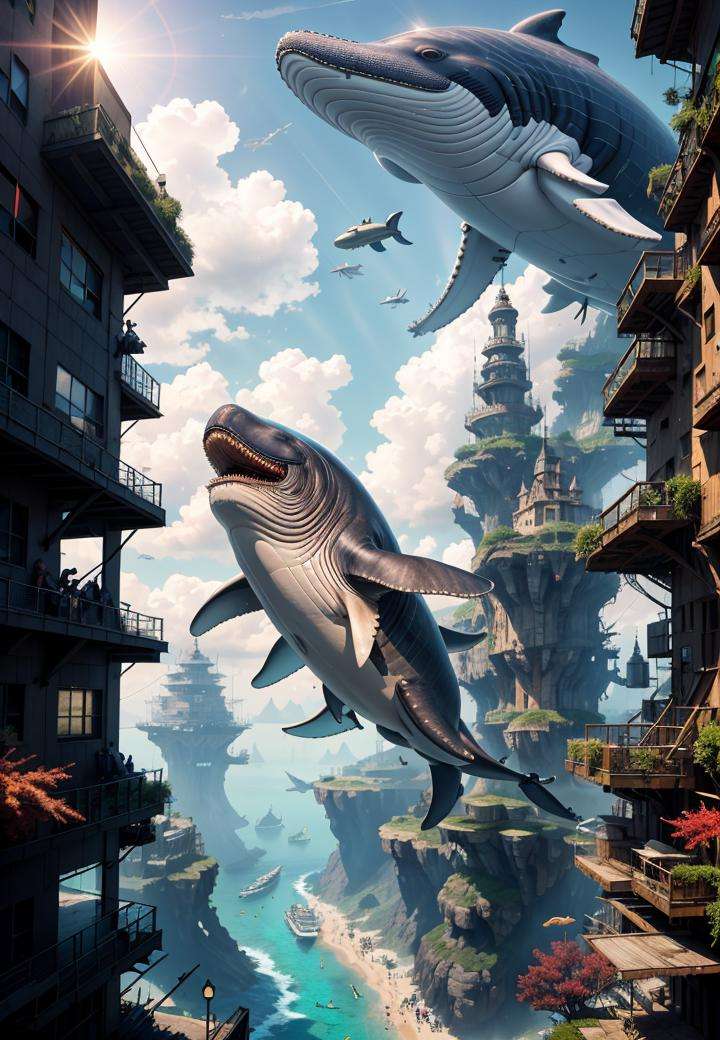 highres, shadows, absurdres, best_quality, ultra_detailed, 8k, extremely_clear, photograph, beautiful, sharp focus, hdr,underwater, giant whale, fantastic location, dream, flying, underwater cyberpunk city 