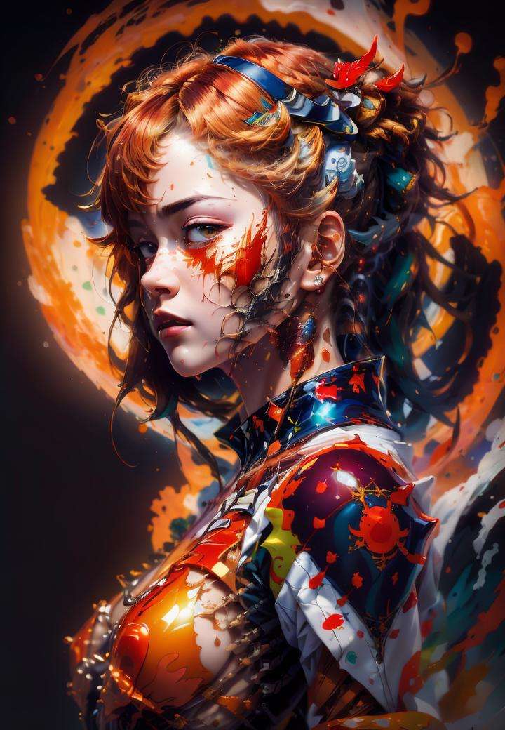 portrait of ((Asuka) Evangelion), futuristic (red) reflective wingman latex suit, (porclain skin:0.7), (natural realistic Ginger hair:0.9), messy hair, pigtail, focus on eyes and face,BREAK (Rembrandt:1.2) lighting, (masterpiece:1.3), (best_quality:1.3), (ultra_detailed:1.3), 8k, extremely_clear, [ultrarealistic :  (professional color grading, film grain, Hasselblad):.7] <lora:modernart-000005:1>