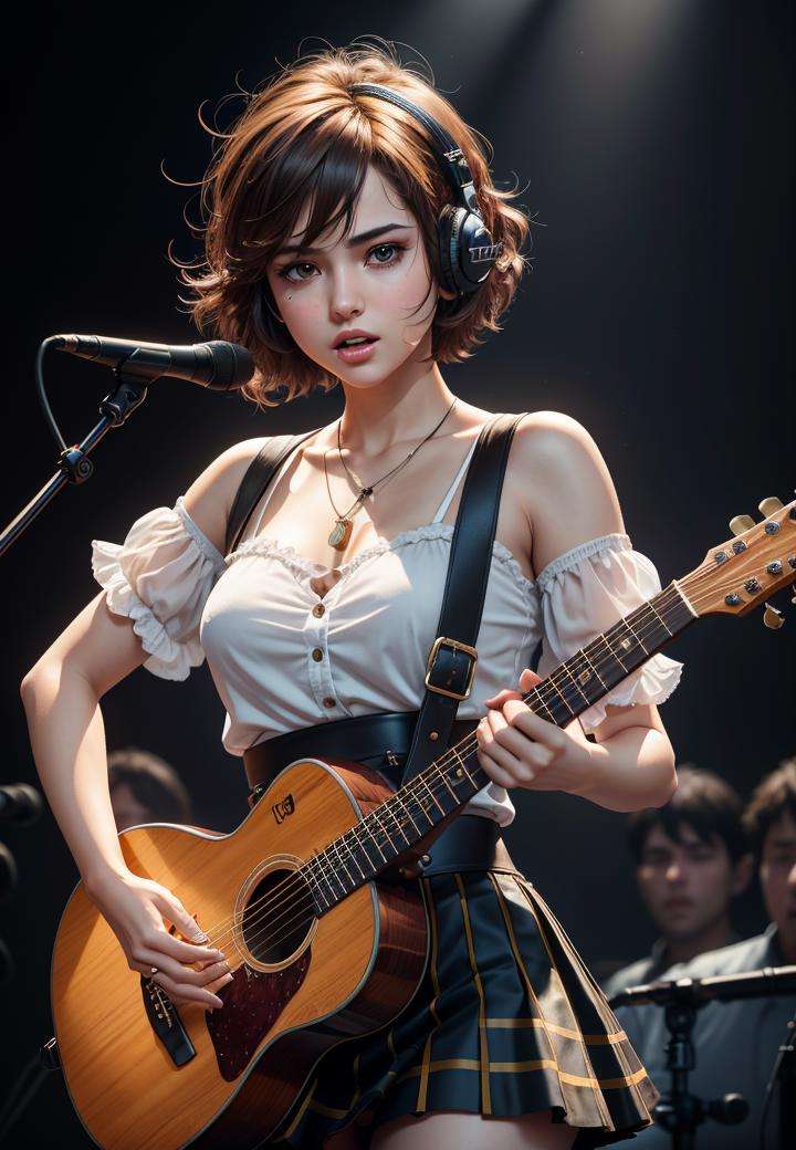 highres, shadows, absurdres, best_quality, ultra_detailed, 8k, extremely_clear, photograph, beautiful, sharp focus, hdr,A cute pop singer with short hair and symmetrical teary eyes holds a guitar and sings into headphones, wearing a pleated skirt, with a dynamic angle, captured in a high-detailed cowboy shot, exuding a melancholy emotion, featuring soothing tones and a contrasting mix of light and shadow, all while emphasizing the subject's hair, eyes, mouth, and action in a composition that is both pleasing to the eye and thought-provoking.