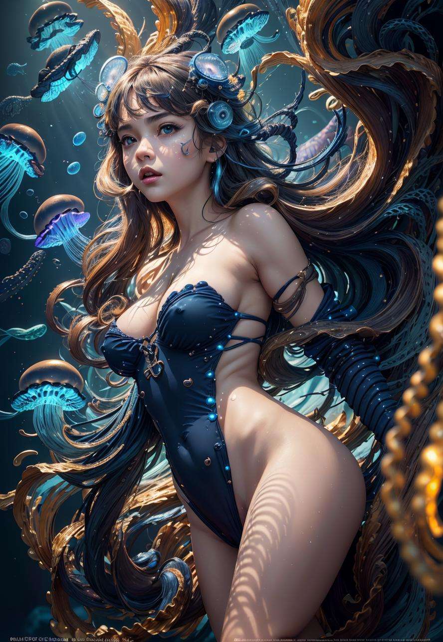 highres, shadows, absurdres, best_quality, ultra_detailed, 8k, extremely_clear, photograph, beautiful, sharp focus, hdr,((blue and navy color tone:1.3)) 1girl, solo,jellyfish filling up the ocean, millions of jellyfish, a girl swimming ((naked)) in the deep ocean surrounded by jellyfish, ((jellyfish)), deep black ocean,under the sea,(photorealistic:1.4), official art, unity 8k wallpaper, ultra detailed, beautiful and aesthetic, masterpiece,best quality, (dynamic angle:1.4), glowing skin, (floating colorful sparkles:1) the most beautiful form of chaos, elegant, a brutalist designed, vivid colours, romanticism, ultra wide angle