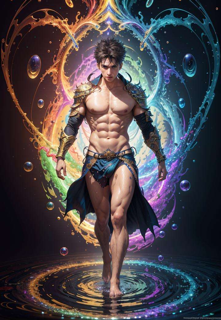 highres, shadows, absurdres, best_quality, ultra_detailed, 8k, extremely_clear, photograph, beautiful, sharp focus, hdr,fractal art, kaleidoscope, water, elemental water wizard, looking over his shoulder, barely clothed, water floating, fantasy spellcaster clothes, dynamic pose, floating particles, focusing, ethereal water 