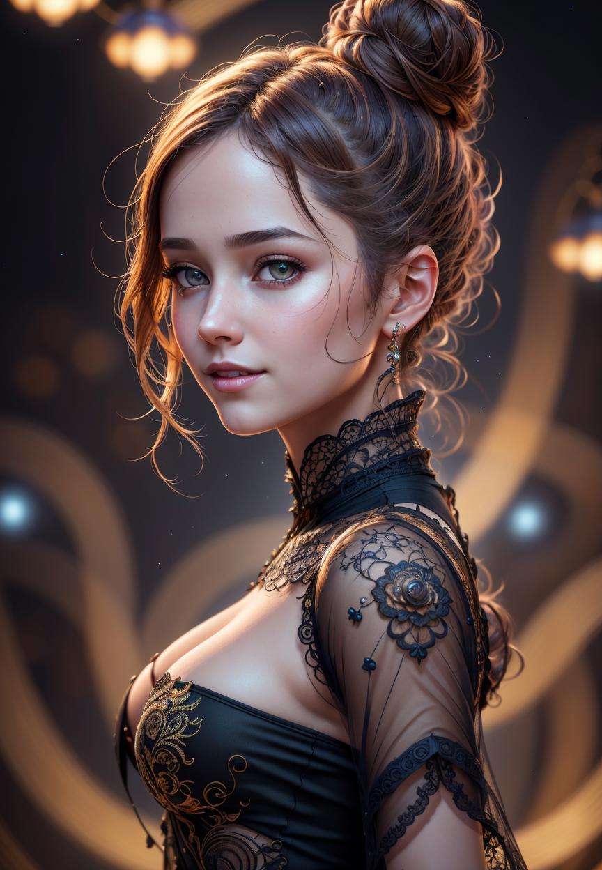 highres, shadows, absurdres, best_quality, ultra_detailed, 8k, extremely_clear, photograph, beautiful, sharp focus, hdr,[(milky way (electricity, fractal, organic, virus, intricate, cosmic)) | (adult, perfect skin, female, looking away, portrait, upper body, smile, detailed eyes, sensual, stranded, beautiful light, hair bun) : 0.4], (highres, masterpiece, perfect lighting, bloom, cinematic lighting), Portfolio piece, RSEEmma, art by Jordan Grabuloski and Iskra Grabuloska, (intricate details:1.4)