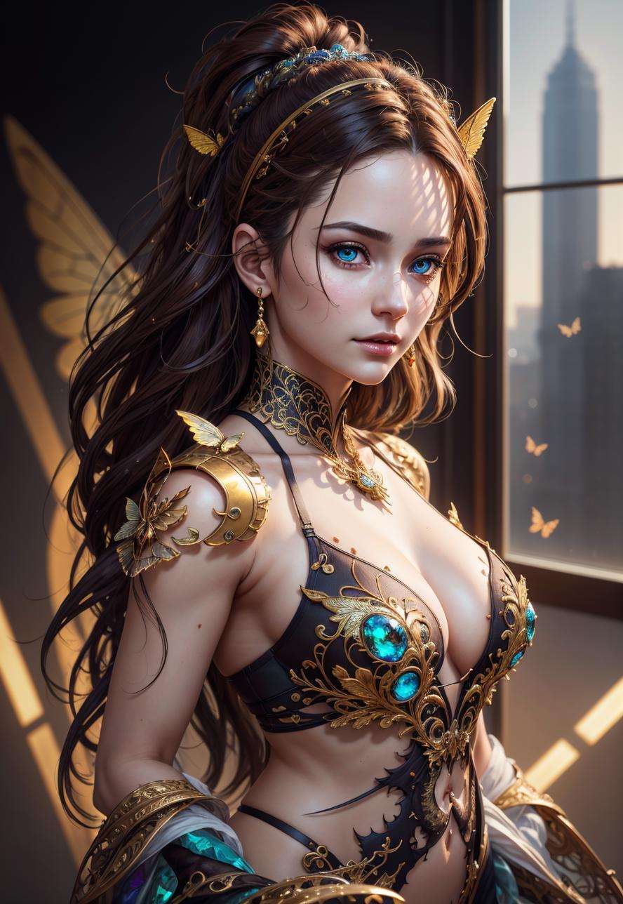 highres, shadows, absurdres, best_quality, ultra_detailed, 8k, extremely_clear, photograph, beautiful, sharp focus, hdr,8k portrait of beautiful cyborg with brown hair, intricate, elegant, highly detailed, majestic, digital photography, art by artgerm and ruan jia and greg rutkowski surreal painting gold butterfly filigree, broken glass, (masterpiece, sidelighting, finely detailed beautiful eyes: 1.2)