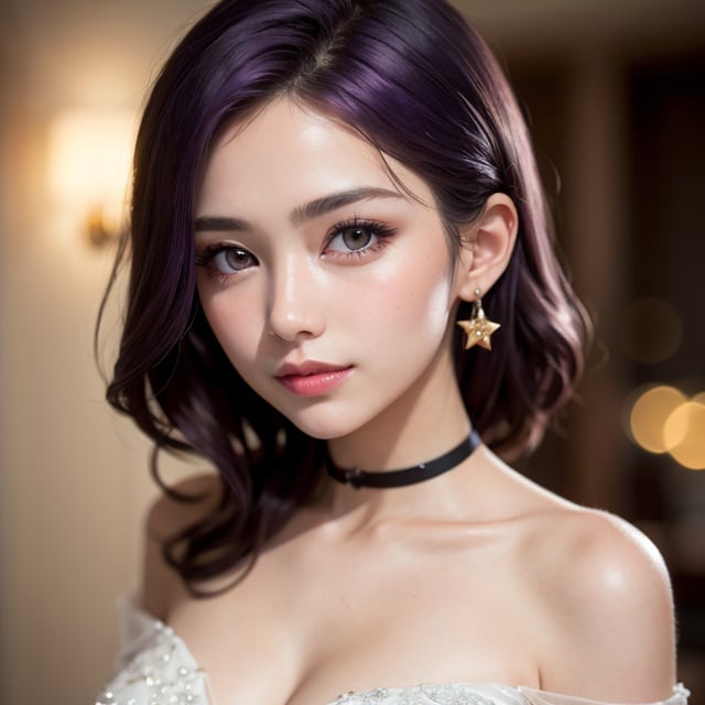 1girl,star eye, blush, perfect illumination, distinct, unreal engine, sidelighting, (bright skin:1.1),soft smile, (face focus:1.1), ((dark purple hair)),(depth of field), close-up,off_shoulder,jewelery,weddingdress,party