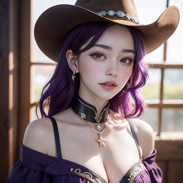 1girl,princess,star eye, blush, perfect illumination, distinct, unreal engine, sidelighting, (bright skin:1.1), ulzzang-6500-v1.1, soft smile, (face focus:1.1), ((dark purple hair)),(depth of field), bodysuit, close-up,cowgirl outfit,off_shoulder,jewelery,cowboy hat