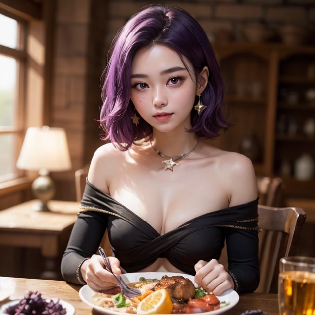 1girl,princess,star eye, blush, perfect illumination, distinct, unreal engine, sidelighting, (bright skin:1.1),soft smile, (face focus:1.1), ((dark purple hair)),(depth of field), bodysuit, close-up,off_shoulder,jewelery,dinner