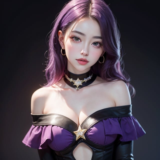 1girl, star eye, blush, perfect illumination, distinct, unreal engine, sidelighting, (bright skin:1.1), ulzzang-6500-v1.1, soft smile, (face focus:1.1), ((dark purple hair)), (simple background), (dark background), (depth of field), bodysuit, close-up,cowgirl outfit,off_shoulder,jewelery