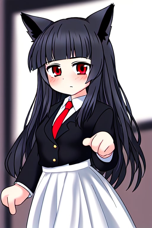 1girl, loli, Fox Ears, long hair, black hair, bangs, Red Eyes, Black suit, Red tie, white skirt, Lock at viewer, Portrait, <lora:EMS-10362-EMS:0.8>