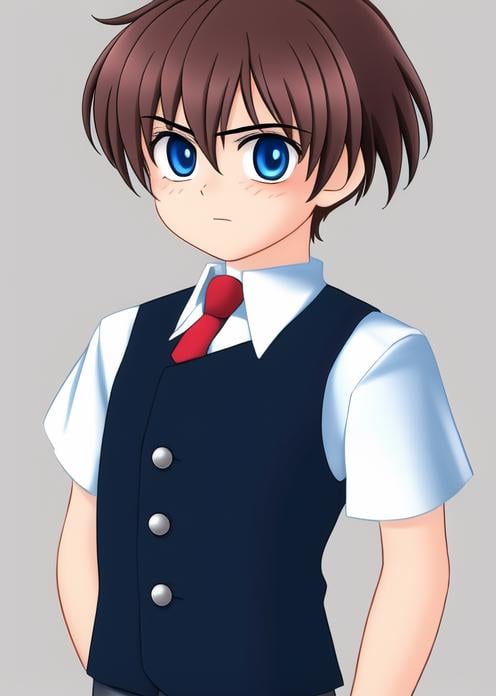 1boy, necktie, blue eyes, vest, collared shirt, brown hair,<lora:Ryukishi07HigurashiStyle-000016:1>, simple background,
