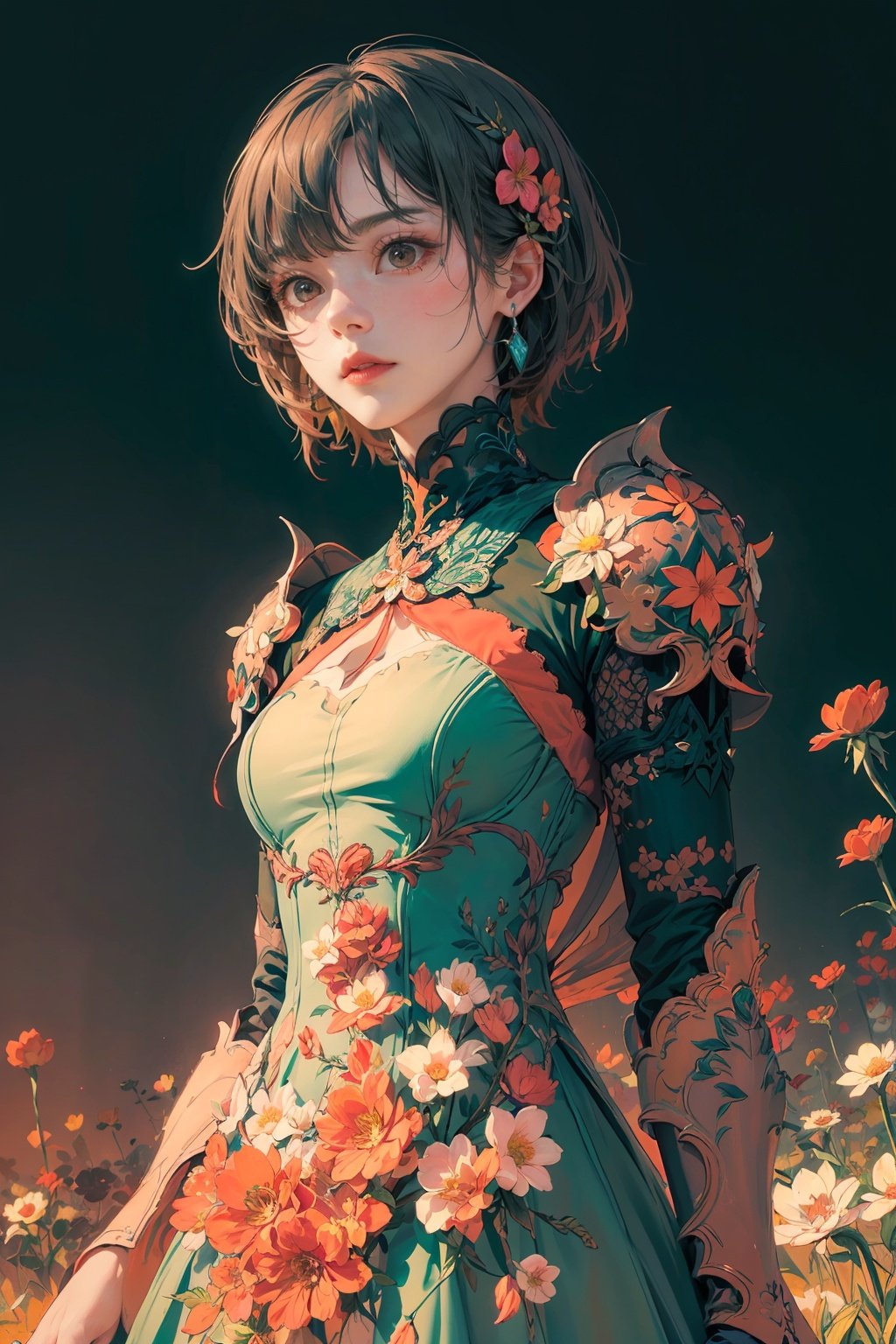 woman, flower dress, colorful, darl background,flower armor,green theme,exposure blend, medium shot, bokeh, (hdr:1.4), high contrast, (cinematic, teal and orange:0.85), (muted colors, dim colors, soothing tones:1.3), low saturation,