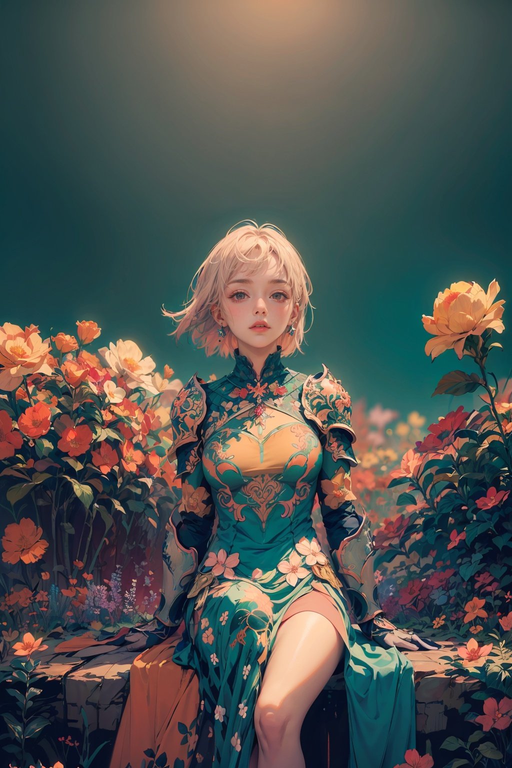 woman, flower dress, colorful, darl background,flower armor,green theme,exposure blend, medium shot, bokeh, (hdr:1.4), high contrast, (cinematic, teal and orange:0.85), (muted colors, dim colors, soothing tones:1.3), low saturation,