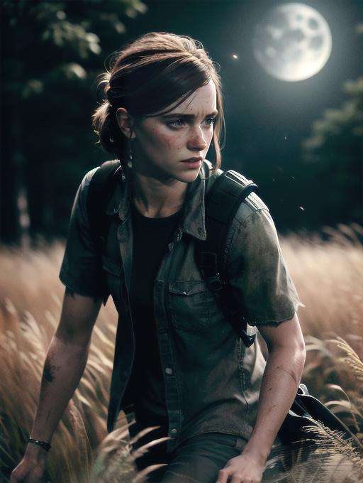 Ellie, tlou2, sneaking through high grass, forest, ((at night, moonlight)), (8k, RAW photo, best quality, masterpiece:1.2),ultra-detailed, (high detailed skin:1.2), 8k uhd, dslr, soft lighting, high quality, <lora:Ellie_TLoU2_v1:0.7>