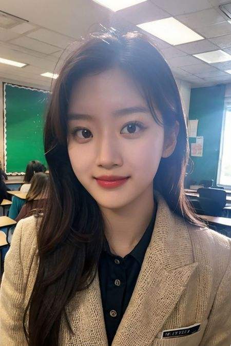 a photo of m_kayoung, 18 year old girl in the classroom, close up, <lora:m_kayoung-15:0.9>, (intricate details:0.8), (hdr, hyperdetailed:1.2), school uniform