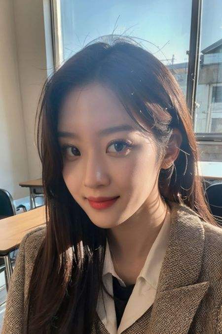 a photo of m_kayoung, 18 year old girl in the classroom, close up, <lora:m_kayoung-15:0.9>, (intricate details:0.8), (hdr, hyperdetailed:1.2), school uniform