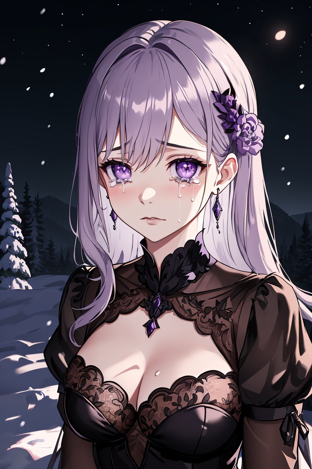 masterpiece, top quality, highly detailed cg unity 8k wallpaper, one girl, beautiful purple eyes, wavy silver hair, crying,
 teary eyes, stare at viewer, delicate goth evening dress, detailed lace and decorative borders, detailed lace gloves,
 detailed jewelry necklace, jewelry earrings, hair clips, snow, fog, purple gardens, grand palaces, mountains, forests,
 night, detailed colorful starry sky, cinematic lighting, Ultra wide depth of field, oil painting