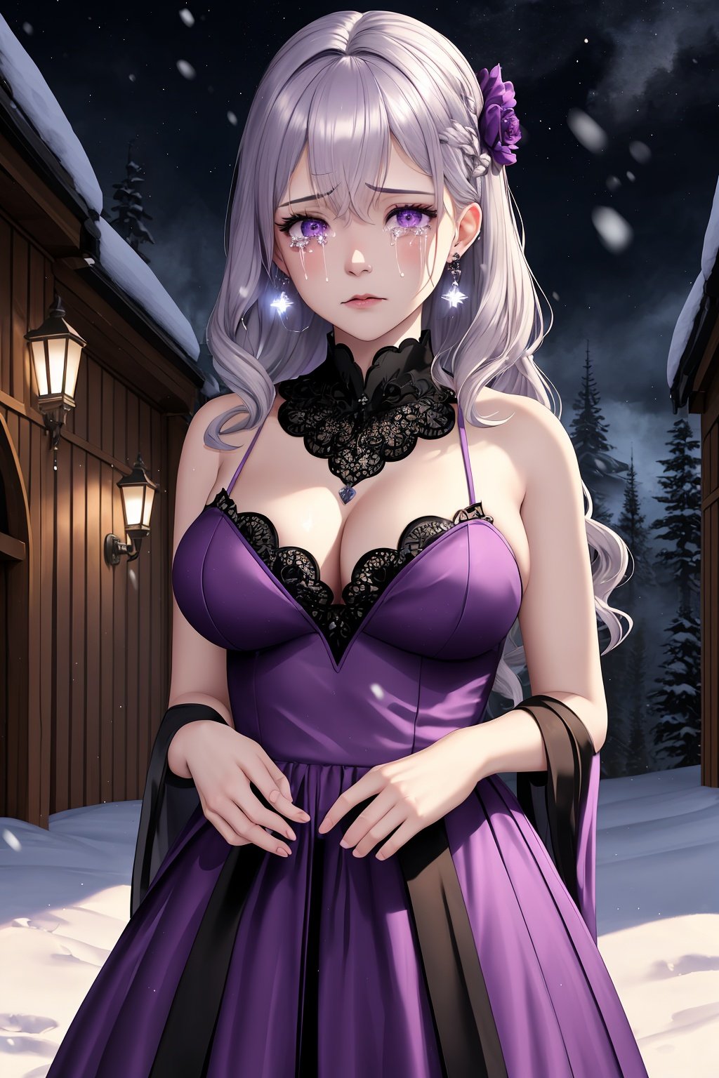 masterpiece, top quality, highly detailed cg unity 8k wallpaper, one girl, beautiful purple eyes, wavy silver hair, crying,
 teary eyes, stare at viewer, delicate goth evening dress, detailed lace and decorative borders, detailed lace gloves,
 detailed jewelry necklace, jewelry earrings, hair clips, snow, fog, purple gardens, grand palaces, mountains, forests,
 night, detailed colorful starry sky, cinematic lighting, Ultra wide depth of field, oil painting