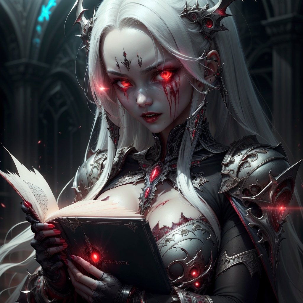 <lora:VampiricTech-20:0.8>, vamptech, blood, vampiric ,,scholar , scroll, 1girl,long hair, blue skin,white hair, glowing eyes, 