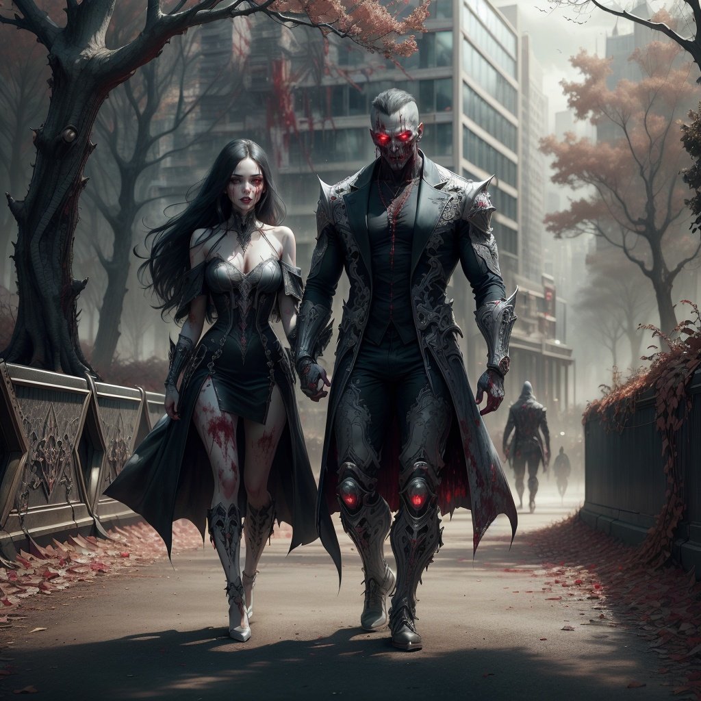 <lora:VampiricTech-20:0.8>, vamptech, scifi,vampiric,blood, a couple walking  in the park