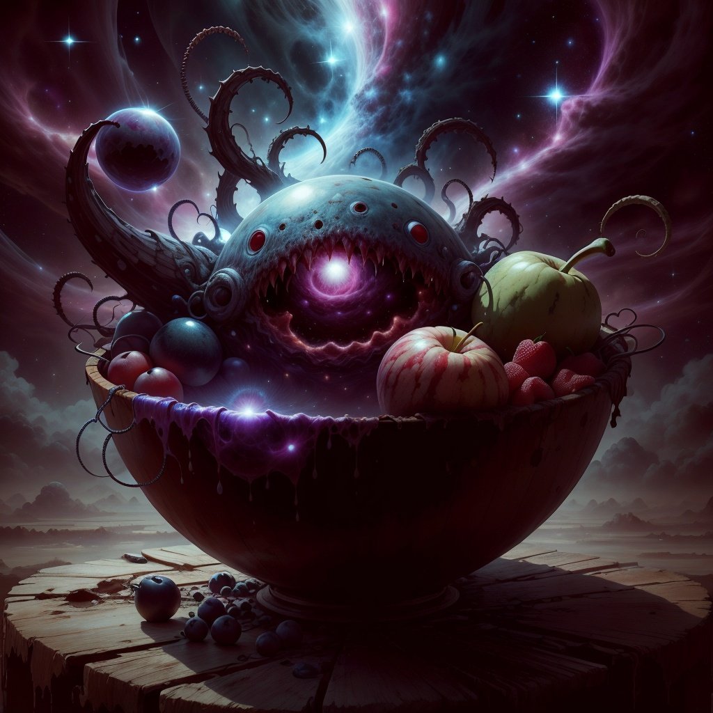 <lora:CosmicEldritchTech-20:1>,eldritchtech,cosmic,  dark energy,  bowl of fruits,