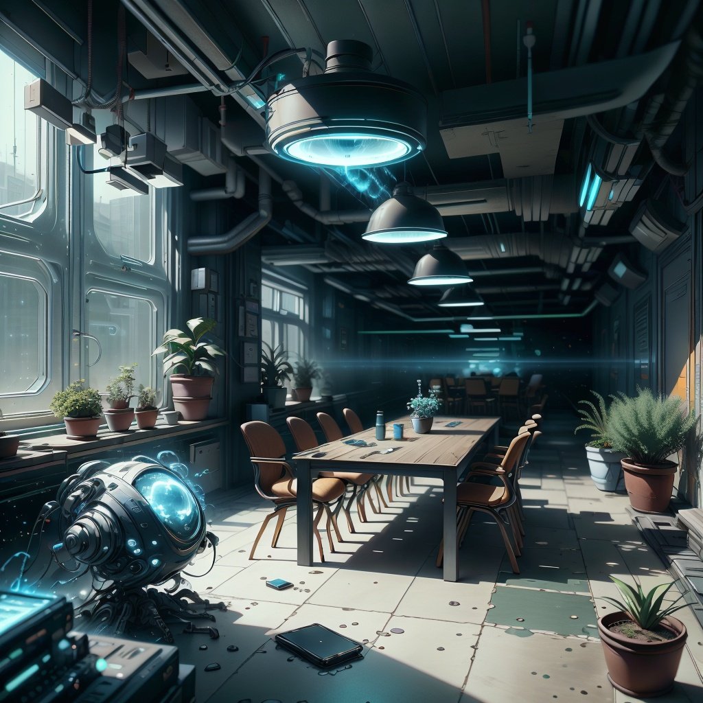 <lora:AntimatterTech-20:1.4>,antitech,light particles, chair, computer, desk, indoors, monitor, no_humans, office_chair, plant, potted_plant, scenery, table, tile_floor, tiles, trash_can,scifi