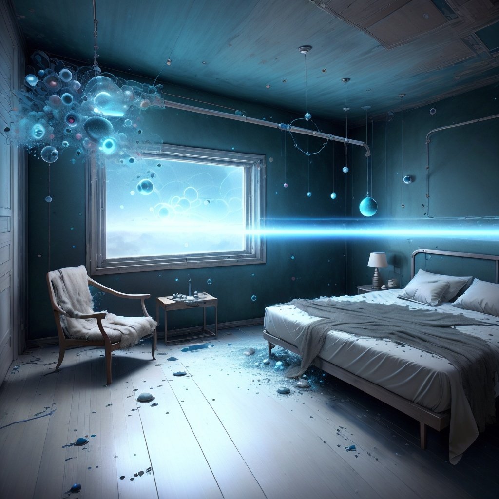 <lora:AntimatterTech-20:1>,AntiTech,  bedroom, corrosion,light light particles, dissolving, chaos