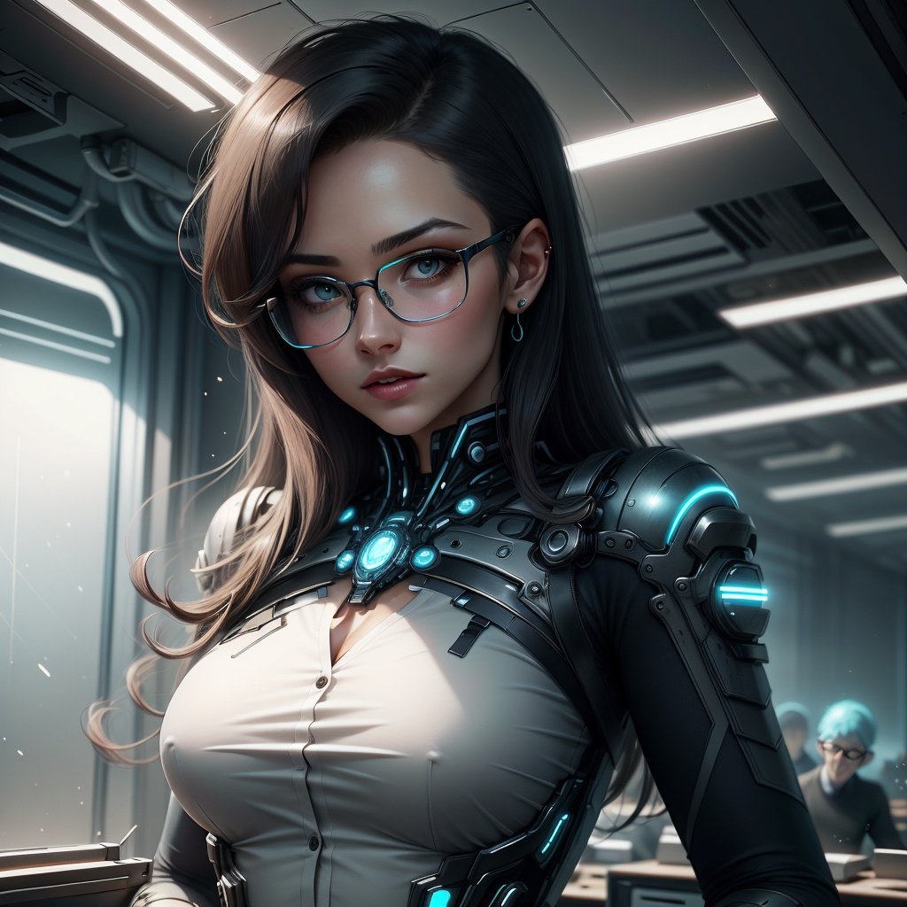 <lora:AntimatterTech-20:1>,antitech,  office lady,  , concept art,glasses, scifi