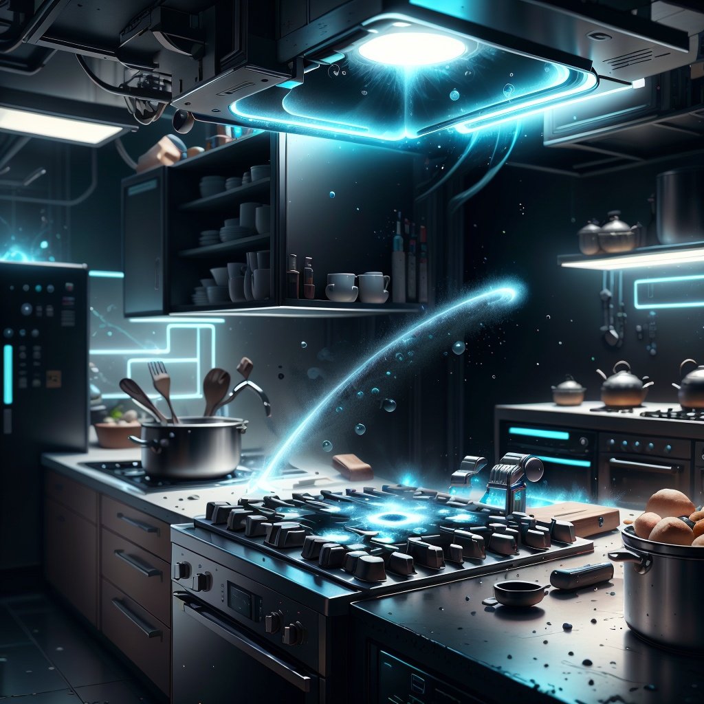 <lora:AntimatterTech-20:1.2>,antitech,light particles, kitchen, scifi