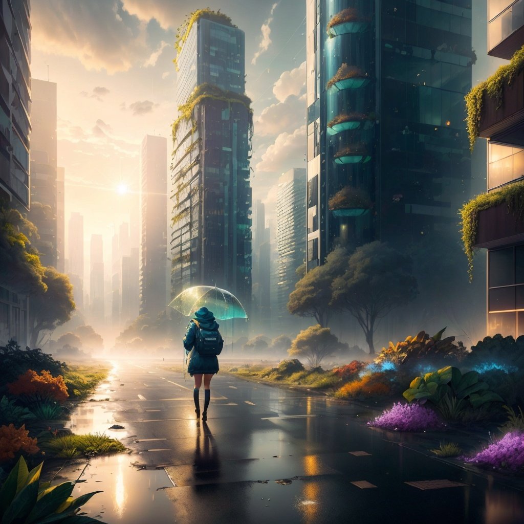 <lora:BiophyllTech-20:1>, biophylltech,  glass, fully-organic, utopia,1girl,  glass building, city, cityscape, cloud, cloudy_sky, dusk, evening, fence,  holding_umbrella, hood,  orange_sky, outdoors,  , puddle, rain, raincoat,  scenery,  solo, street, sun, sunset,  transparent_umbrella, twilight, umbrella, utility_pole, wet,looking back, green eyes, detailed eyes