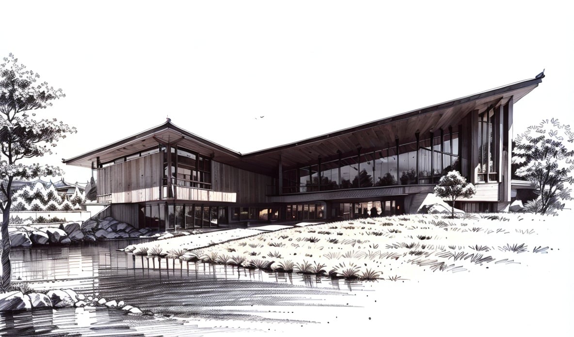 lwsh, a drawing of  a building,masterpiece, best quality,a Chinese-style clubhouse with an understated yet elegant exterior,   <lora:modernarchi15:0.3>,  <lora:XSarchitectural_32中式古建:0.4>White background,