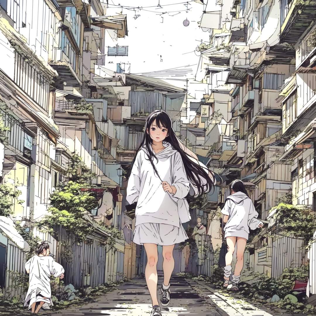 lwsh, perspective,  A girl walking in the streets and alleys，<lora:LWSH-V0.2-000007:1>