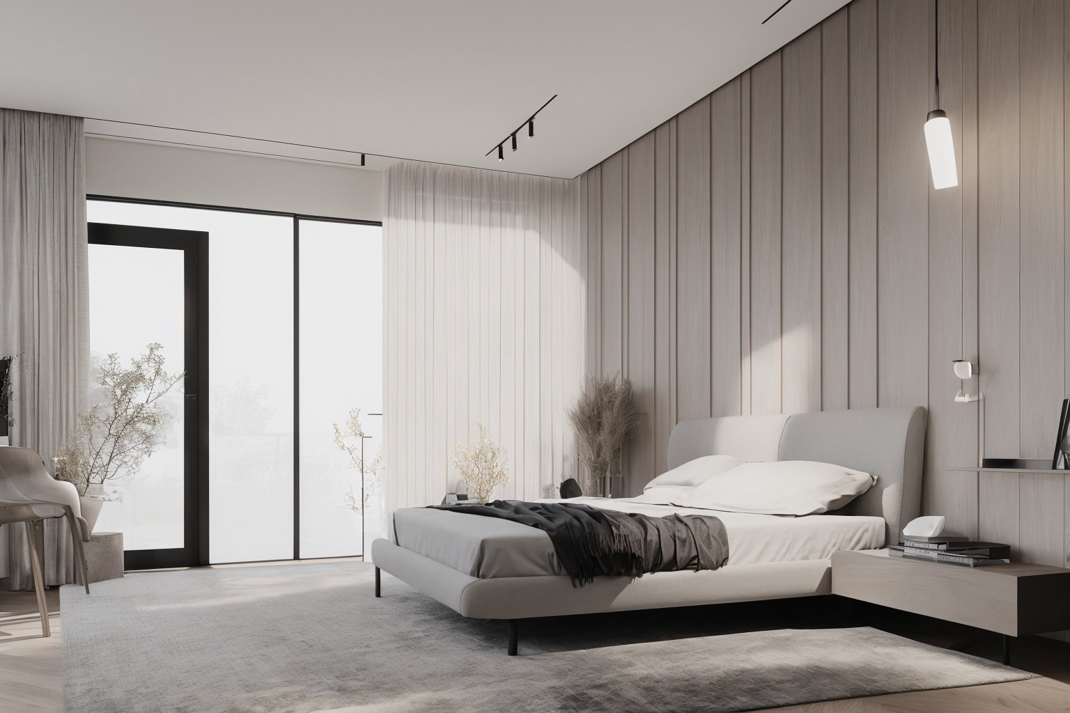 DIA designed bedroom with white latex paint on the ceiling, light grey hard pack on the bed background, dark grey wood flooring, only a little metal and glass, amazing sunlight lighting through the windows, fog, vivid colors, photo grade rendering, realistic style, 8K, high resolution, highly detailed, ray tracing, vray rendering, masterpiece, best quality, visual rendering by Mir. and Brick.   <lora:lwsn-muse:0.9>, (8k, RAW photo, best quality, masterpiece:1.2), (realistic, photo-realistic:1.3)