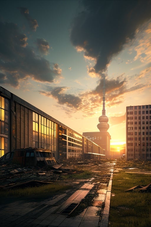 realistic, vray, HDR, 6000K, berlin city, inside factory, overgrown, post apocalypse feeling, sunset, huge penis, <lora:enviromentv02:0.7>