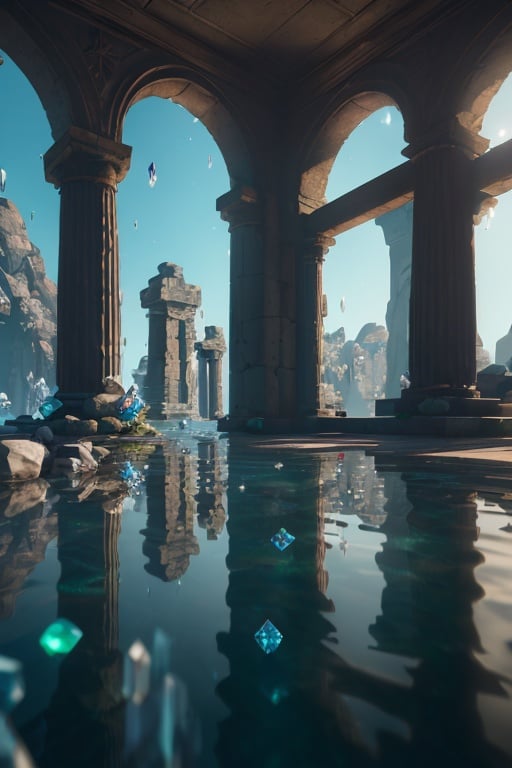 (8k, RAW photo, best quality, masterpiece:1.2), (realistic, photo-realistic:1.37), octane render, ultra high res, ultra-detailed, professional lighting, photon mapping, radiosity, physically-based rendering, ue5, ((island sanctuary)), ((ancient fallen kingdom)), ((reflections in water)), ((raytracing)), ((crystal structure)), ((crystal monument)), ((crystal statue)),  dark theme,