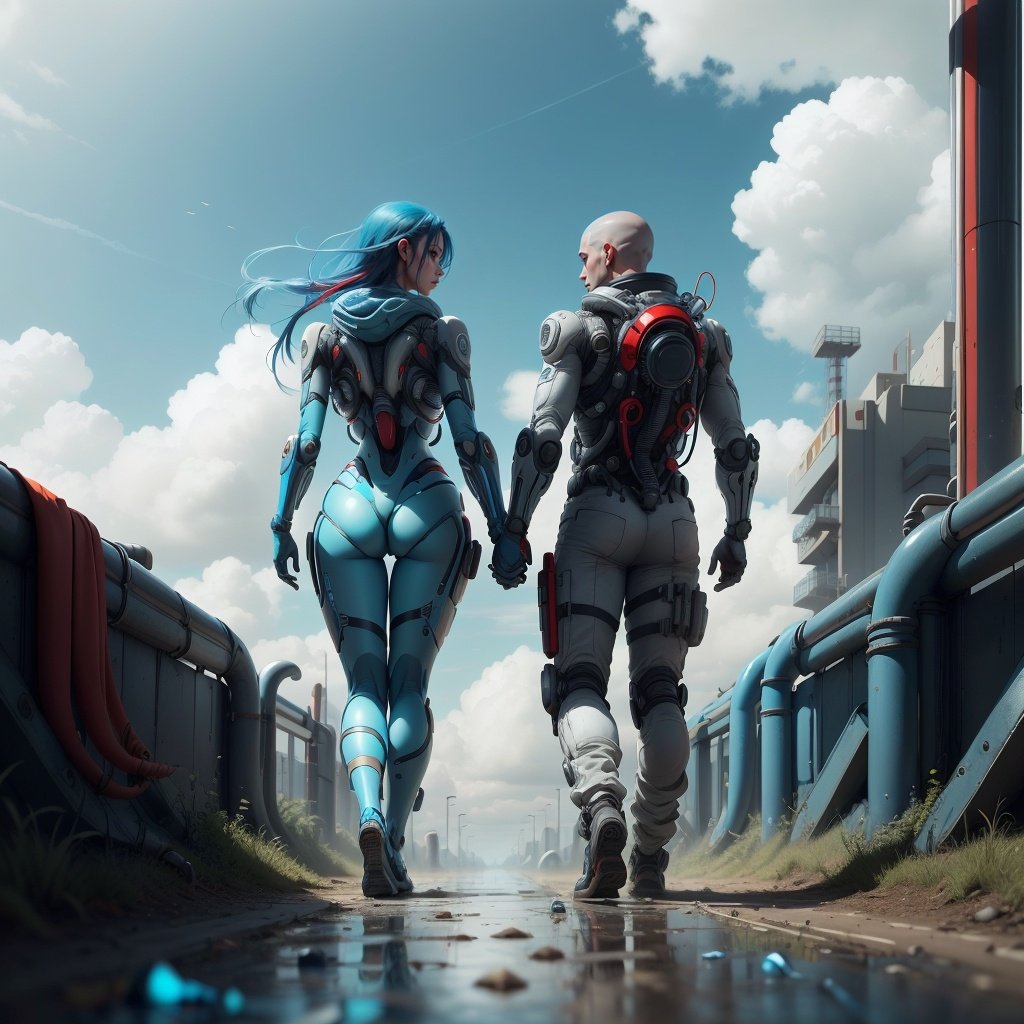 <lora:PastTech-20:0.8>,plasttech,synthetic,transparent , scifi, blue sky ,clouds couple walking in the park, long hair , buzz cut, blue hair , red hair ,