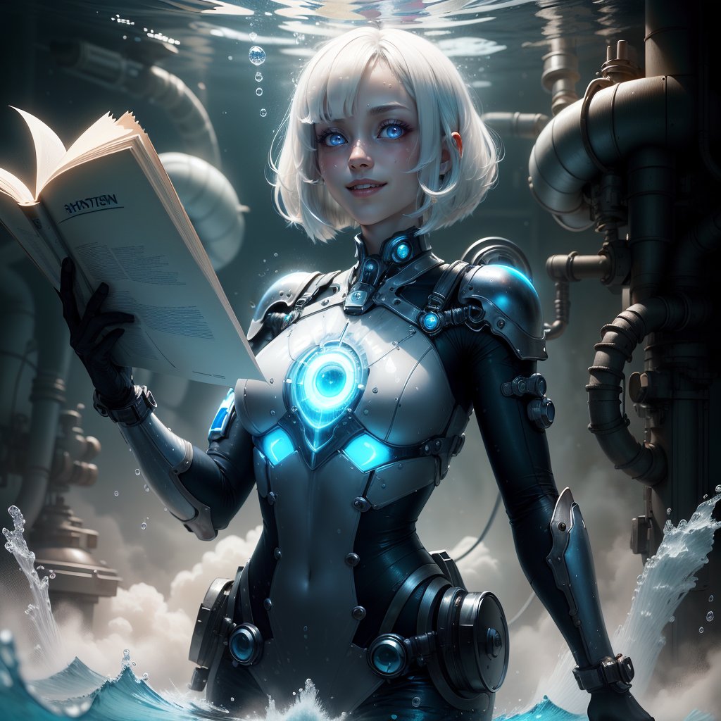 <lora:HydroTech-20:0.8>,hydrotech , scifi,  aquatic ,  scholar , scroll, 1girl,long hair, pale skin,white hair, glowing eyes, smile ,closed mouth,bob cut, 