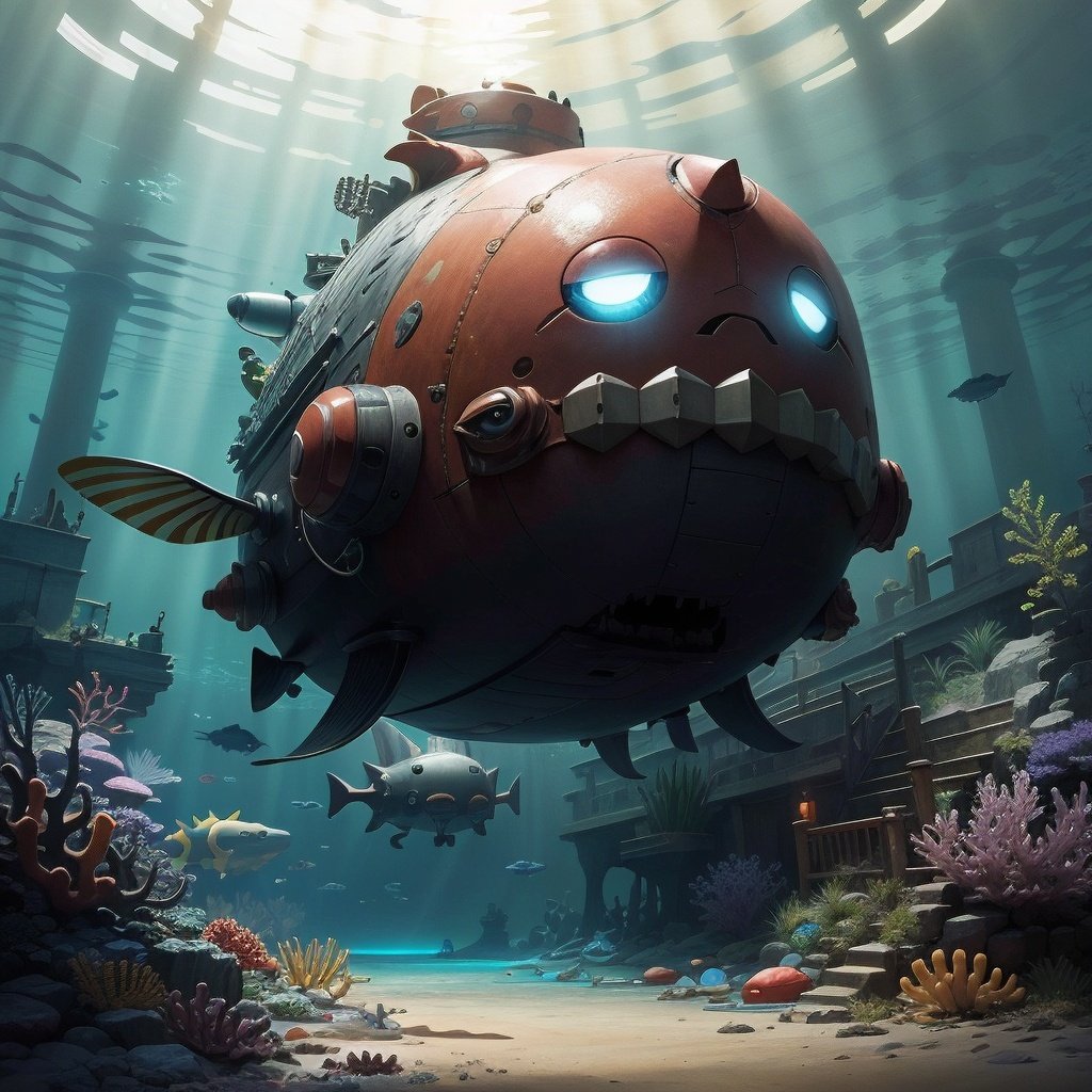 <lora:EggmanTech-20:0.8>,eggmantech, submarine, under red sea