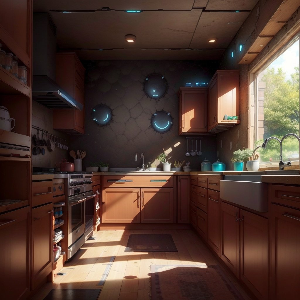 <lora:EggmanTech-20:1.3>,eggmantech, scifi ,mechanical walls ,kitchen , red ,