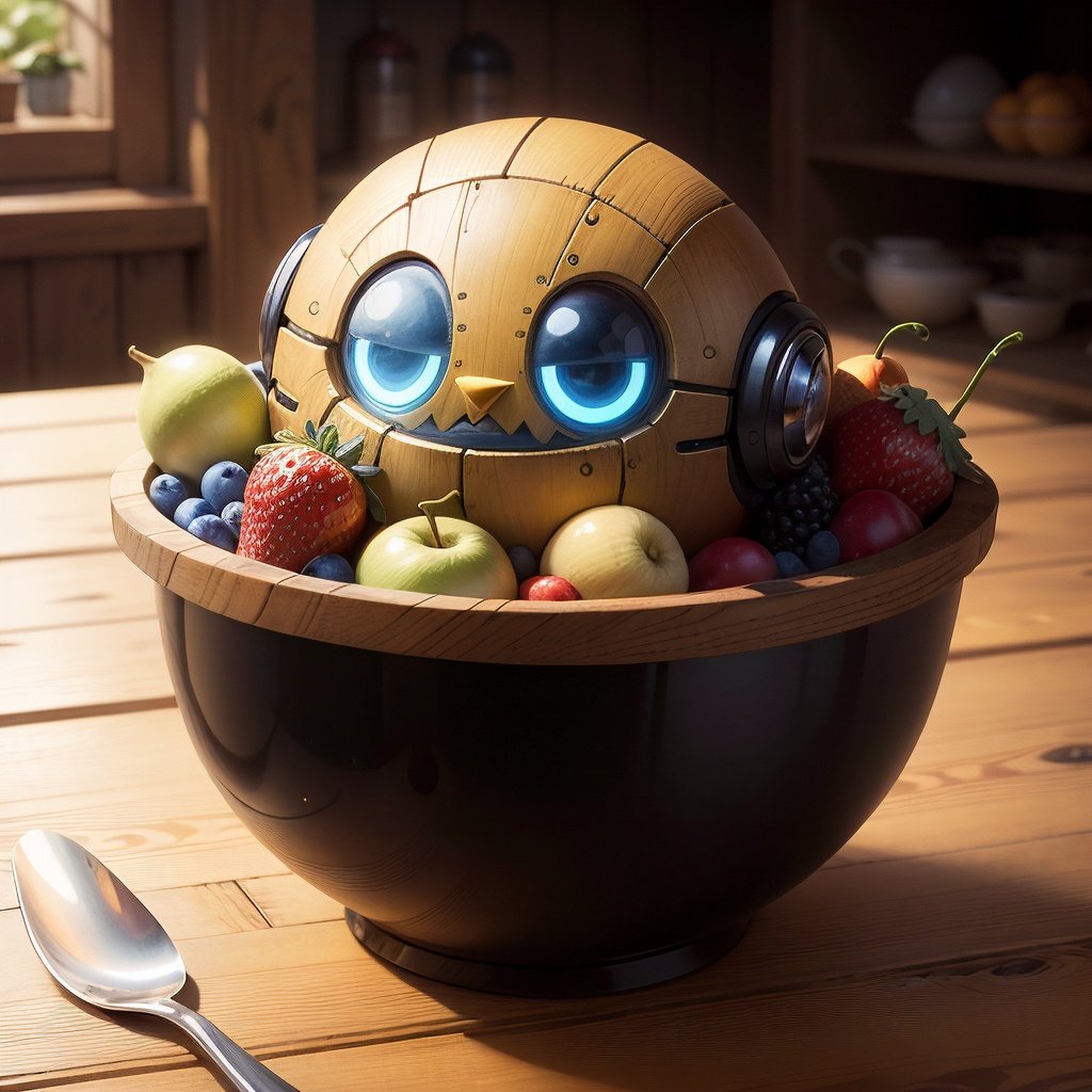 <lora:EggmanTech-20:0.8>,eggmantech,,robotic, bowl of fruits,