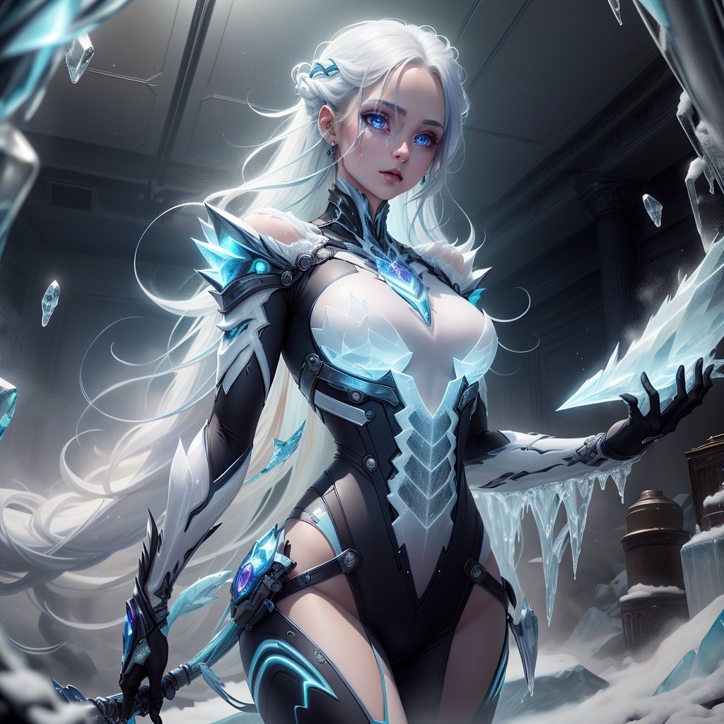 <lora:FrostRaceTech-20:0.8>,frostracetech, cryogenic , contemporary, ,scholar , scroll, 1girl,long hair, blue skin,white hair, glowing eyes,  