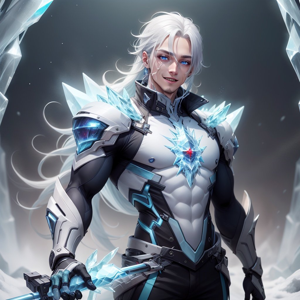 <lora:FrostRaceTech-20:0.8>,frostracetech, cryogenic , contemporary, open jacket, ,scholar , scroll, 1boy,long hair, blue skin,white hair, red  eyes, smile
