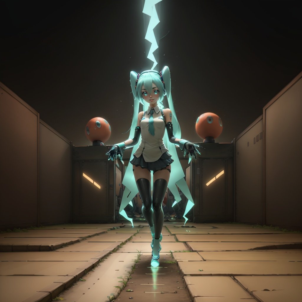 <lora:Rototech-20:1> ,rototech, green hologram aura , no humans,  simple background,1girl, standing, hatsune miku, detailed eyes, mech suit 